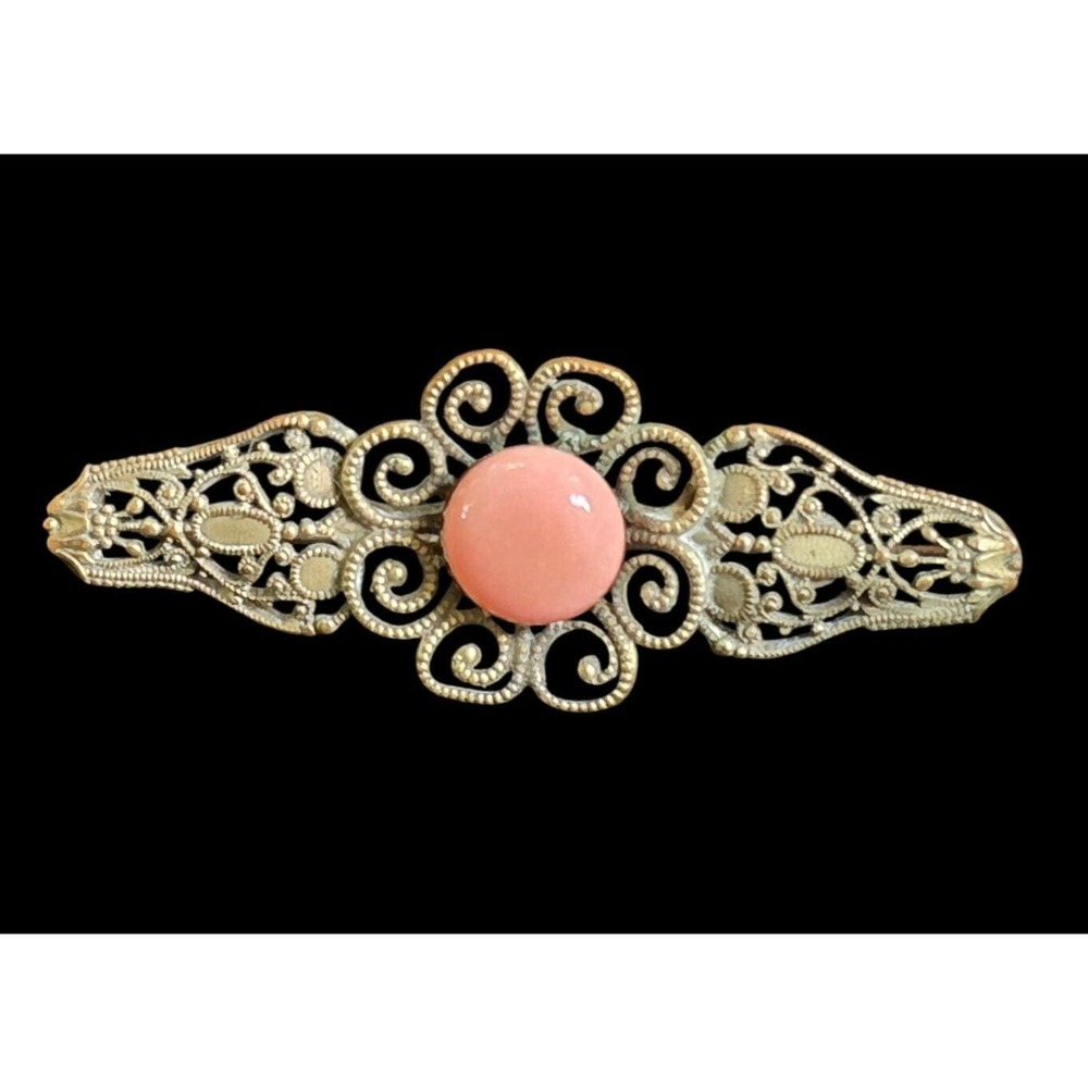 E A Bliss Pre Napier Antique Filigree Coral Glass Cabochon Brooch Pin Rare